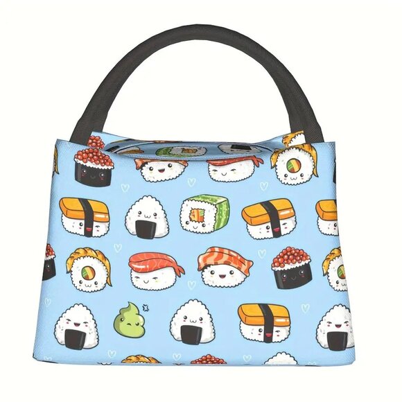 Sushi Rolls Kawaii Insulated Lunch Bag Blue Japanese Cute Cooler Zipper Tote NEW - Picture 1 of 5